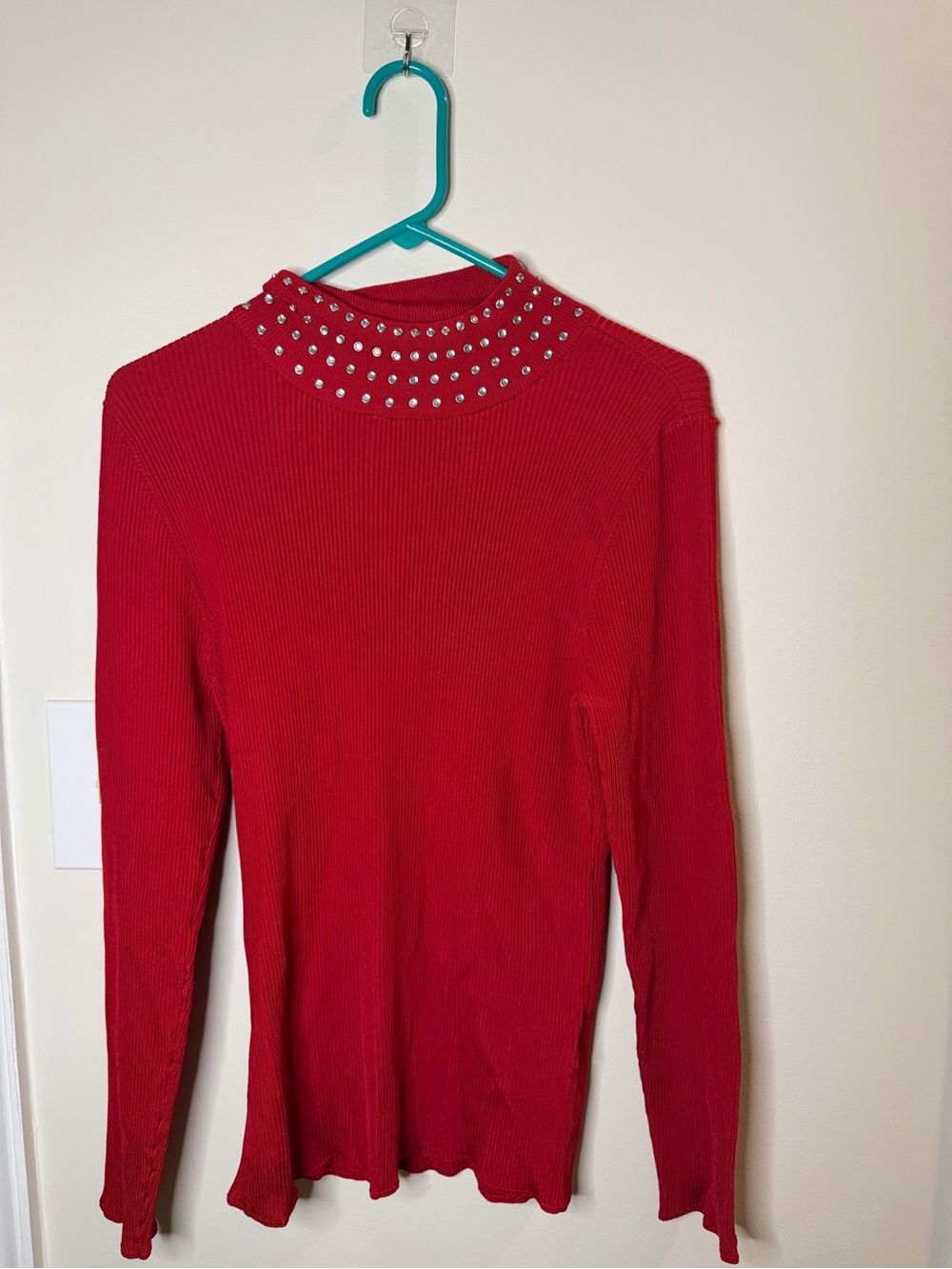 INC International Concepts Red Rhinestone Mock Neck Ribbed Top XXL